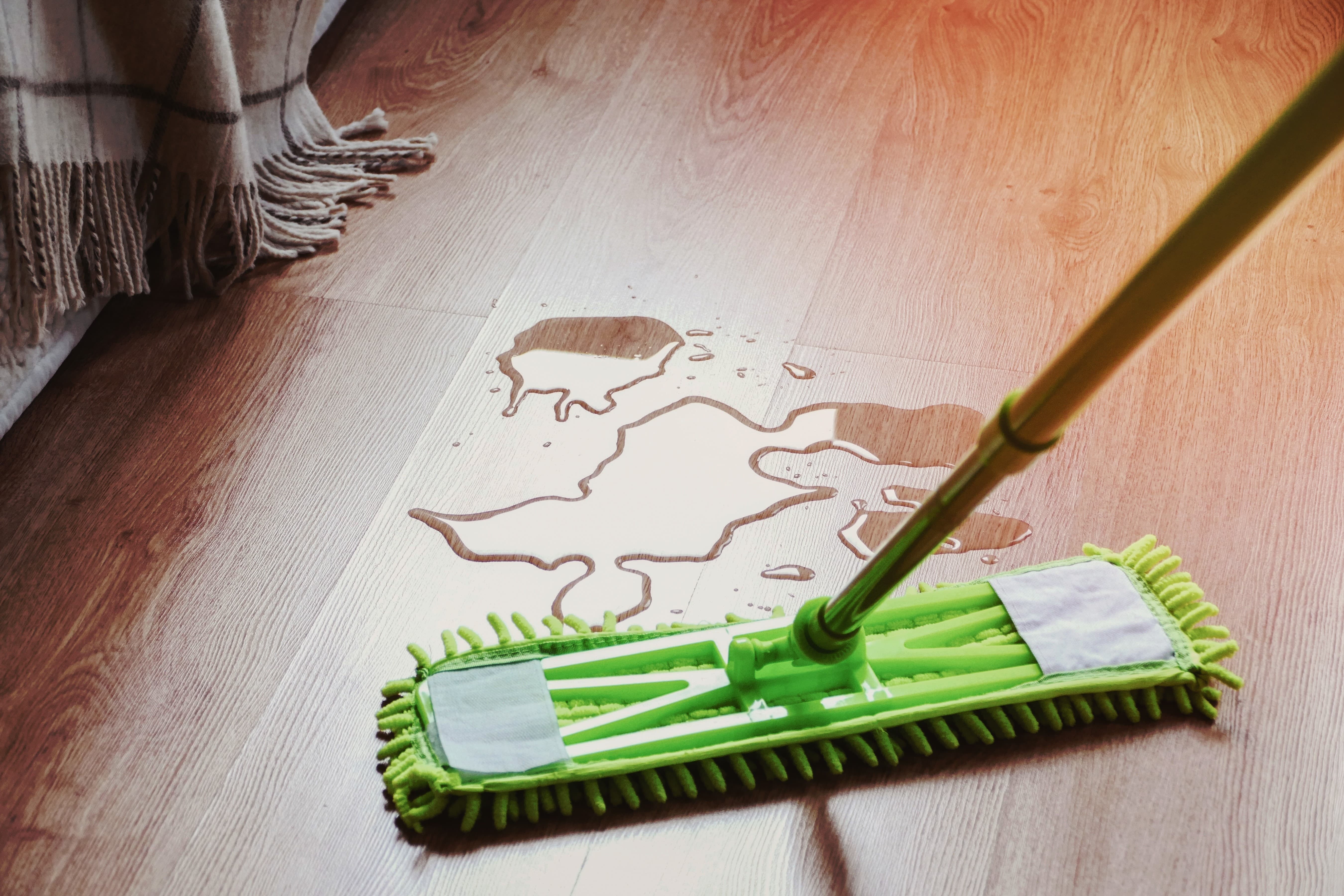 Imagem de um mop verde limpando o piso de madeira com xixi de cachorro.