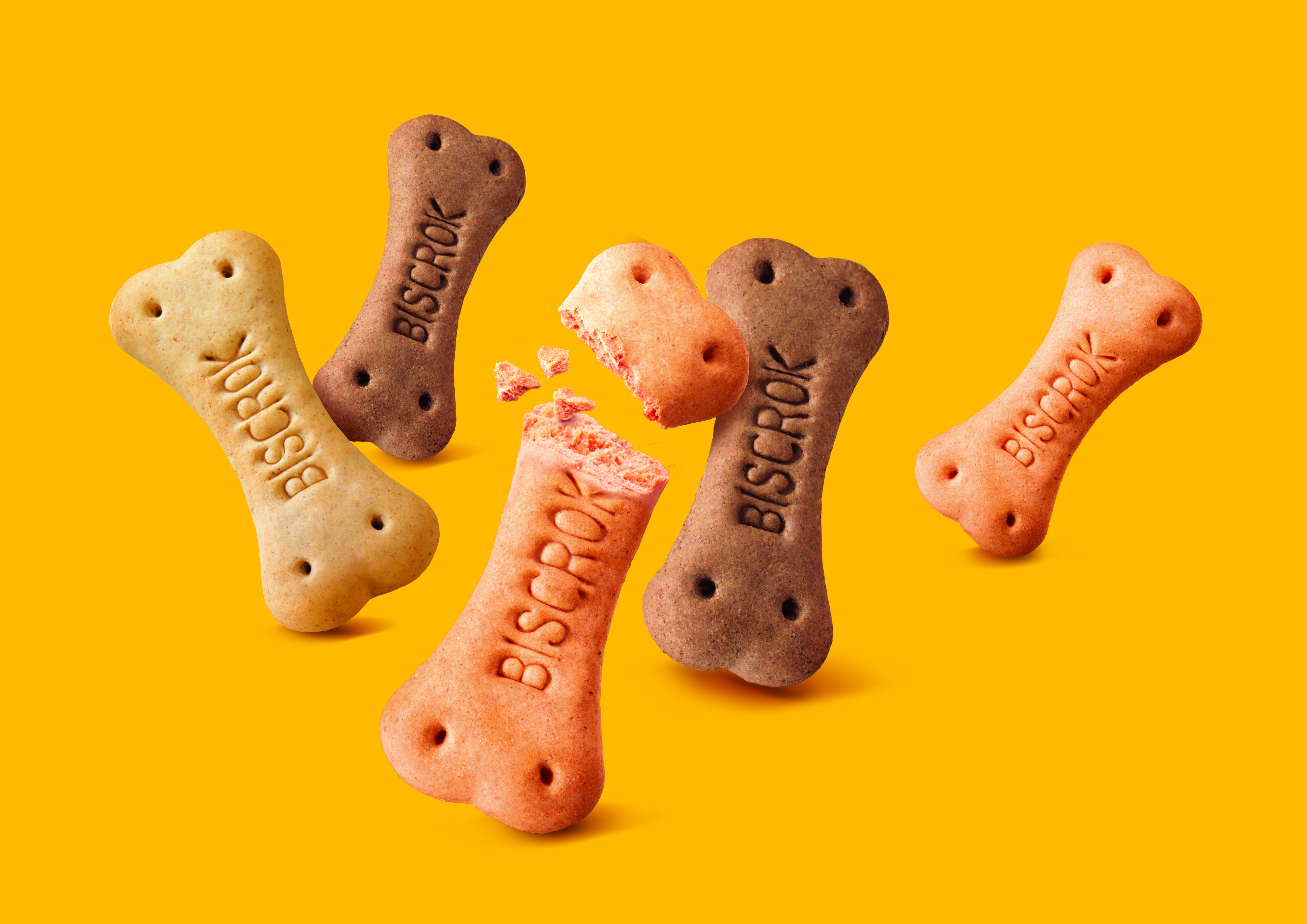 Biscoitos para cachorro PEDIGREE® Biscrok em formato de osso, nos sabores leite, carne e frango.
