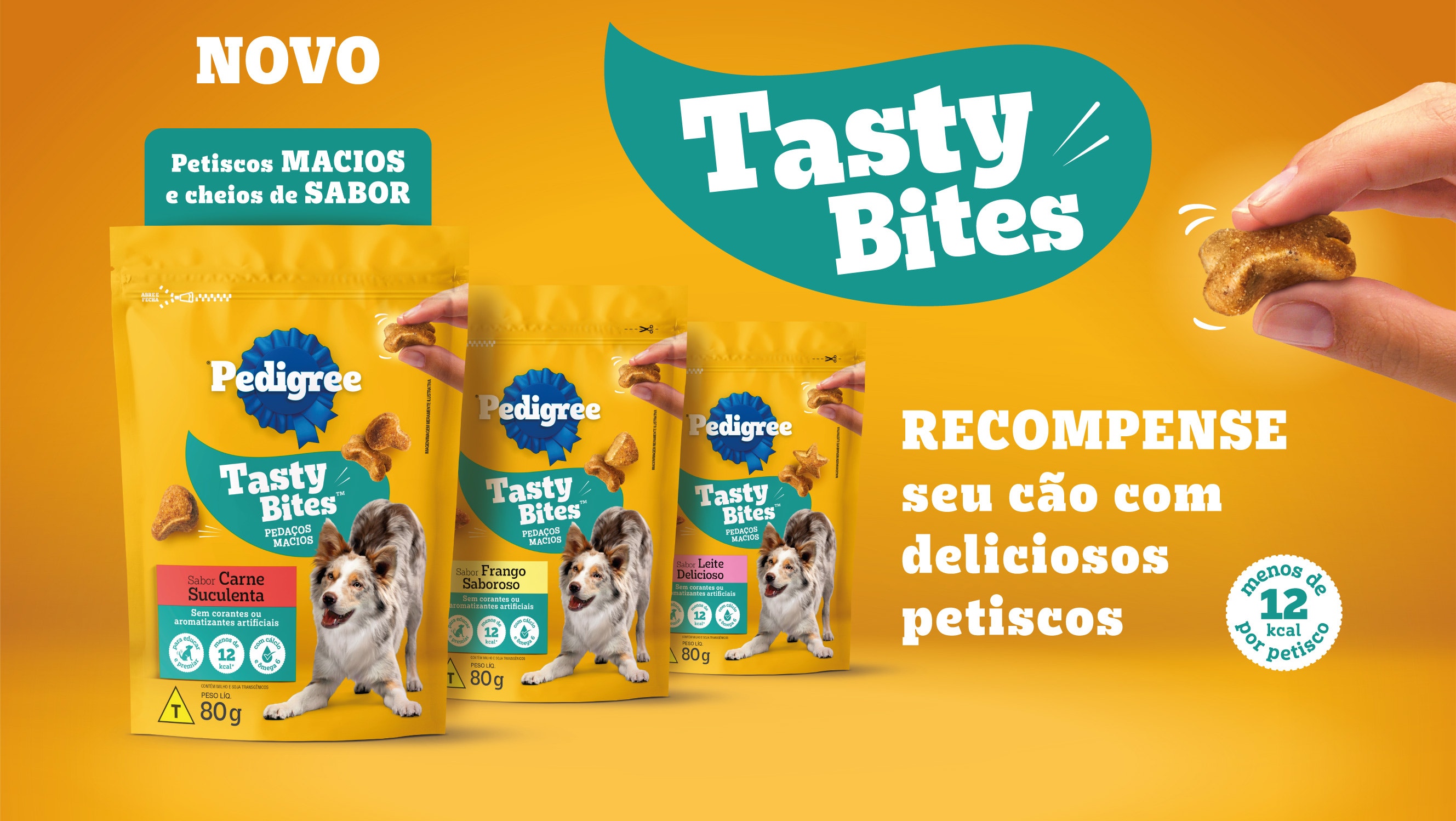Imagem promocional do petisco Pedigree Tasty Bites. Embalagens amarelas com o texto: 'Novo, Petiscos macios e cheios de sabor'. Um cachorro feliz aparece na embalagem. Ao lado, o texto: 'Recompense seu cão com deliciosos petiscos'.