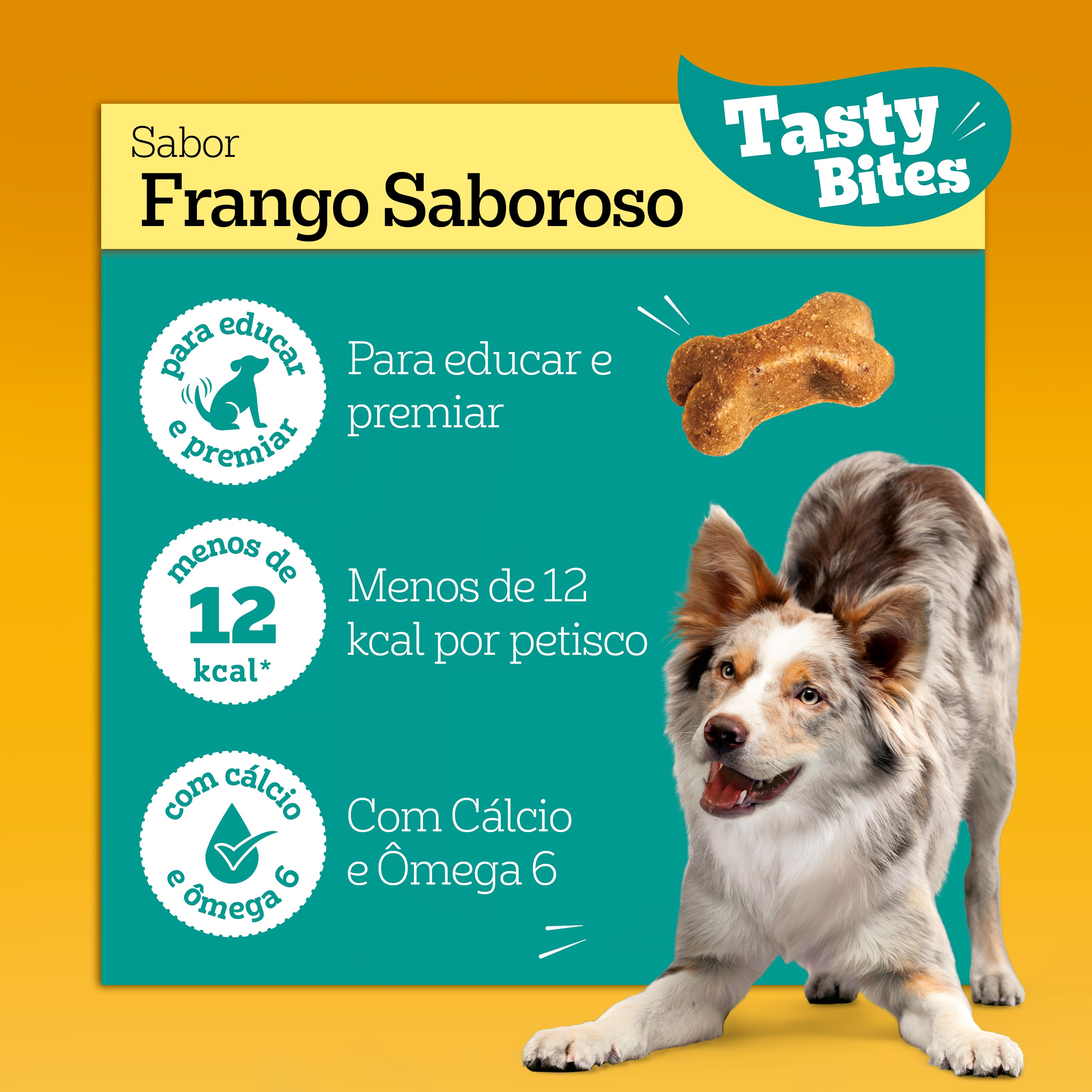 Petisco saudável para cachorro com menos de 12kcal, cálcio e ômega 6