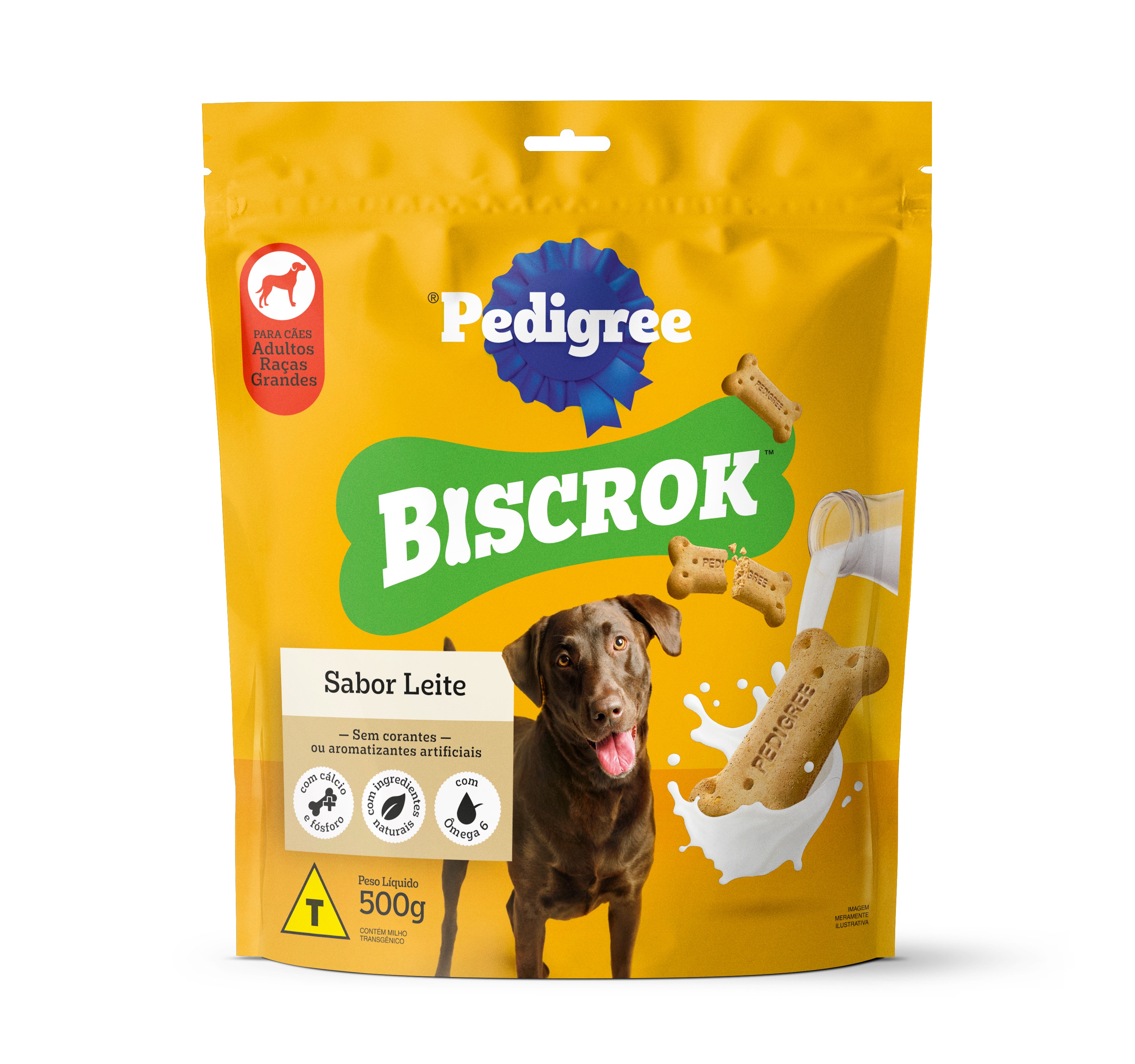 Embalagem de petisco para cachorro de raças grandes Pedigree Biscrok sabor leite, ideal para cães adultos.