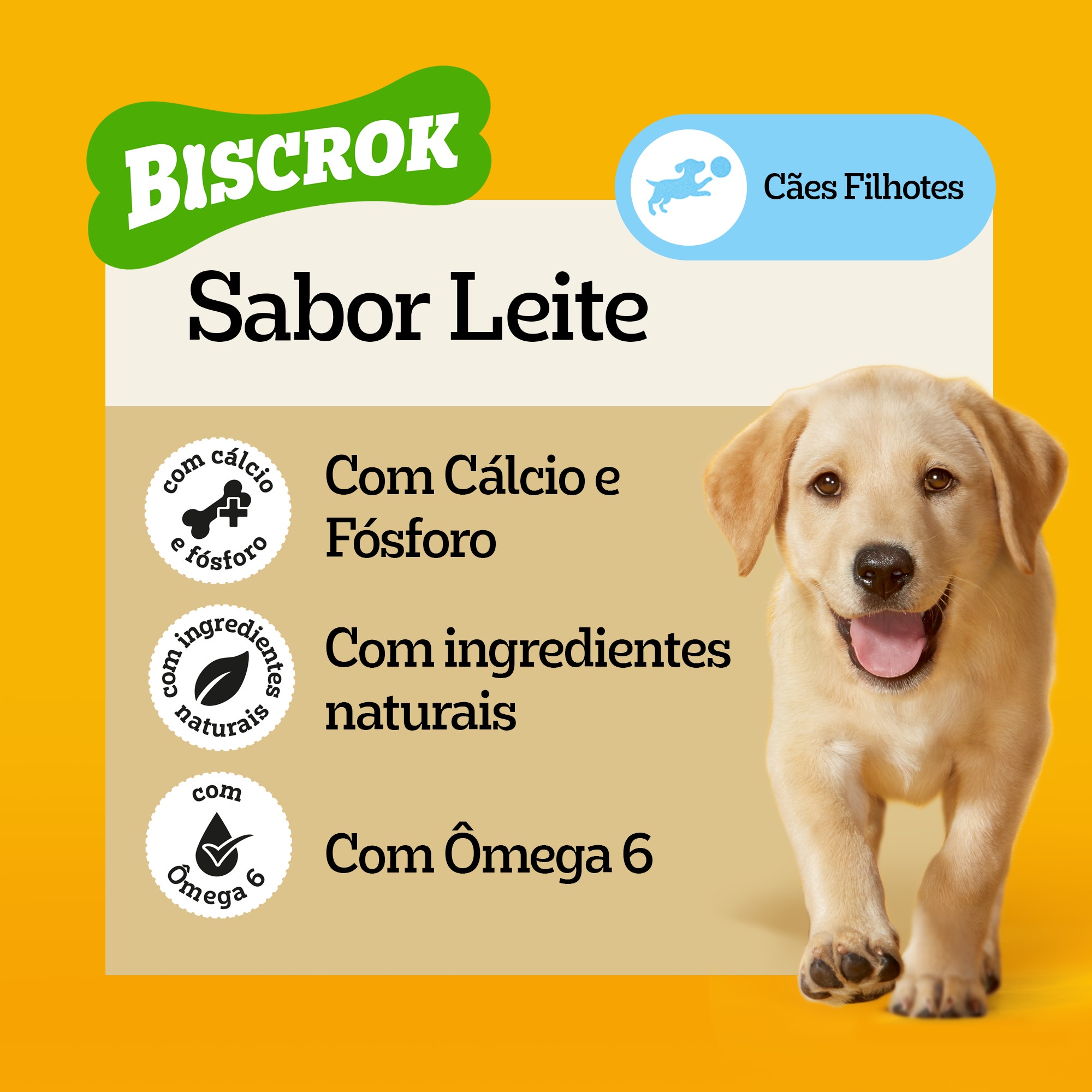 Petisco para cachorro Pedigree Biscrok sabor leite, enriquecido com cálcio, ômega 6 e ingredientes naturais.