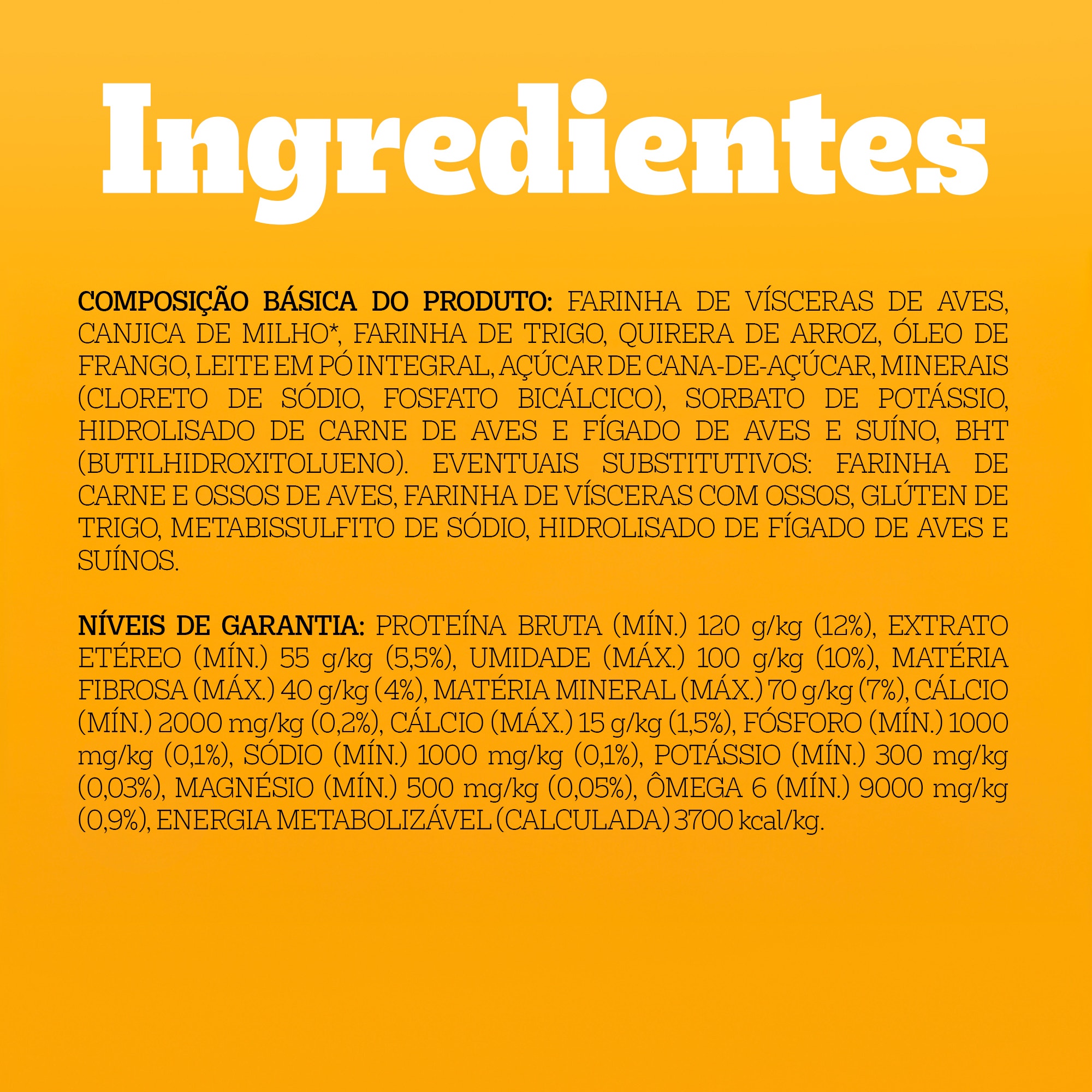 Lista de ingredientes naturais presentes no petisco para cachorro de raças grandes Pedigree Biscrok, garantindo saúde e nutrição.