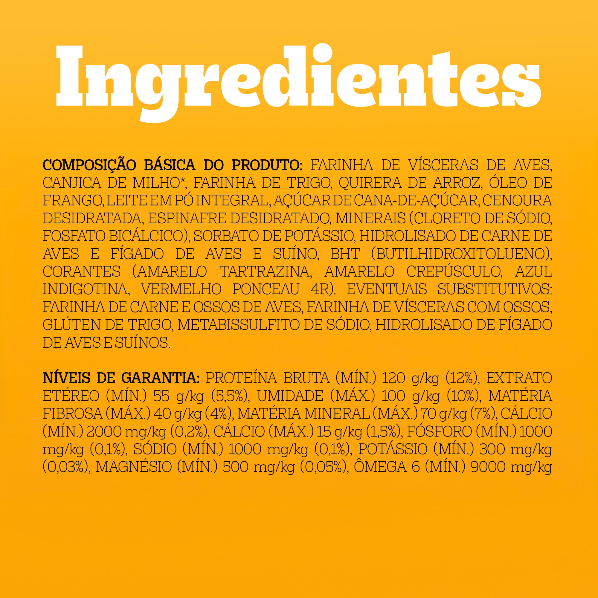 Lista de ingredientes naturais presentes no petisco para cachorro Pedigree Biscrok, garantindo saúde e nutrição.