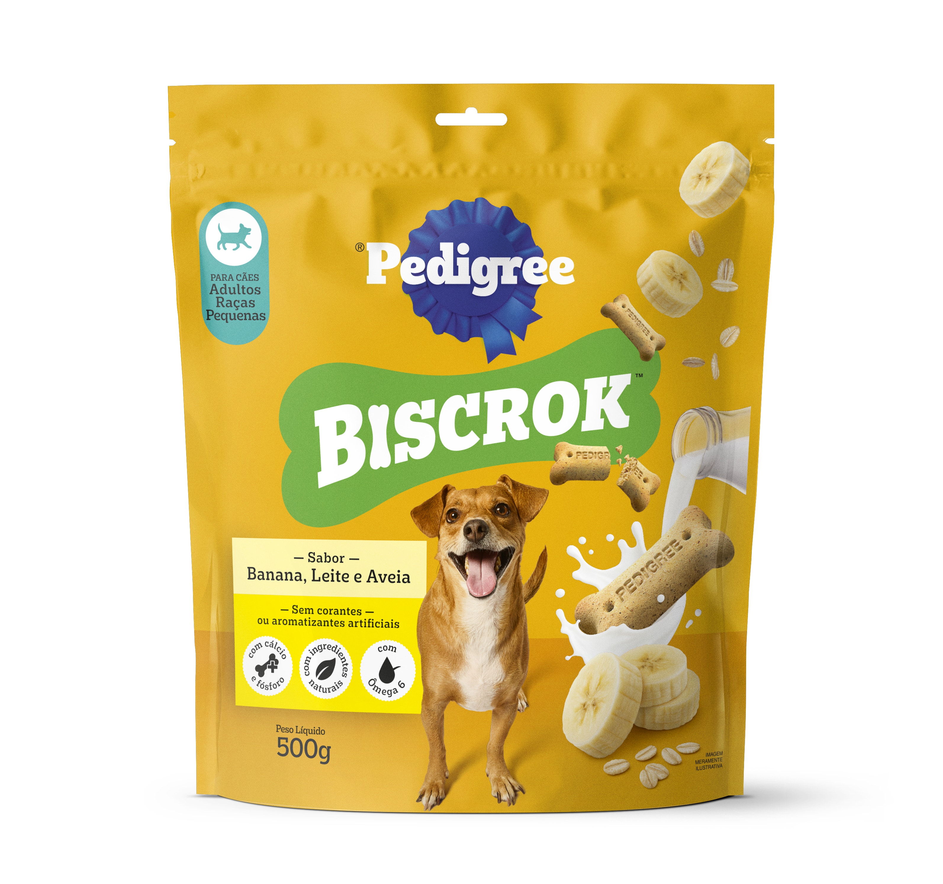  Embalagem frontal do Biscrok Pedigree sabor banana, leite e aveia, 500g, com ingredientes naturais e sem corantes artificiais, ideal para cães adultos
