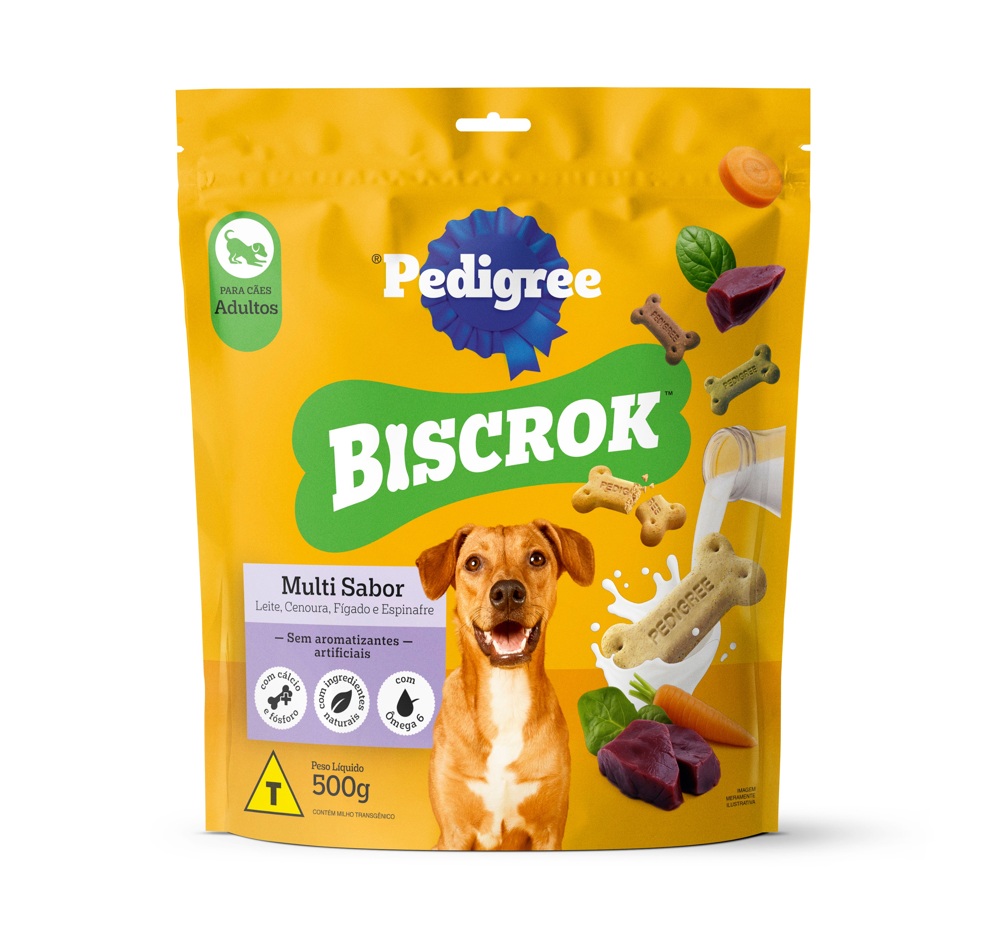 Embalagem de petisco para cachorro Pedigree Biscrok sabor frango, com ingredientes saudáveis e nutritivos.