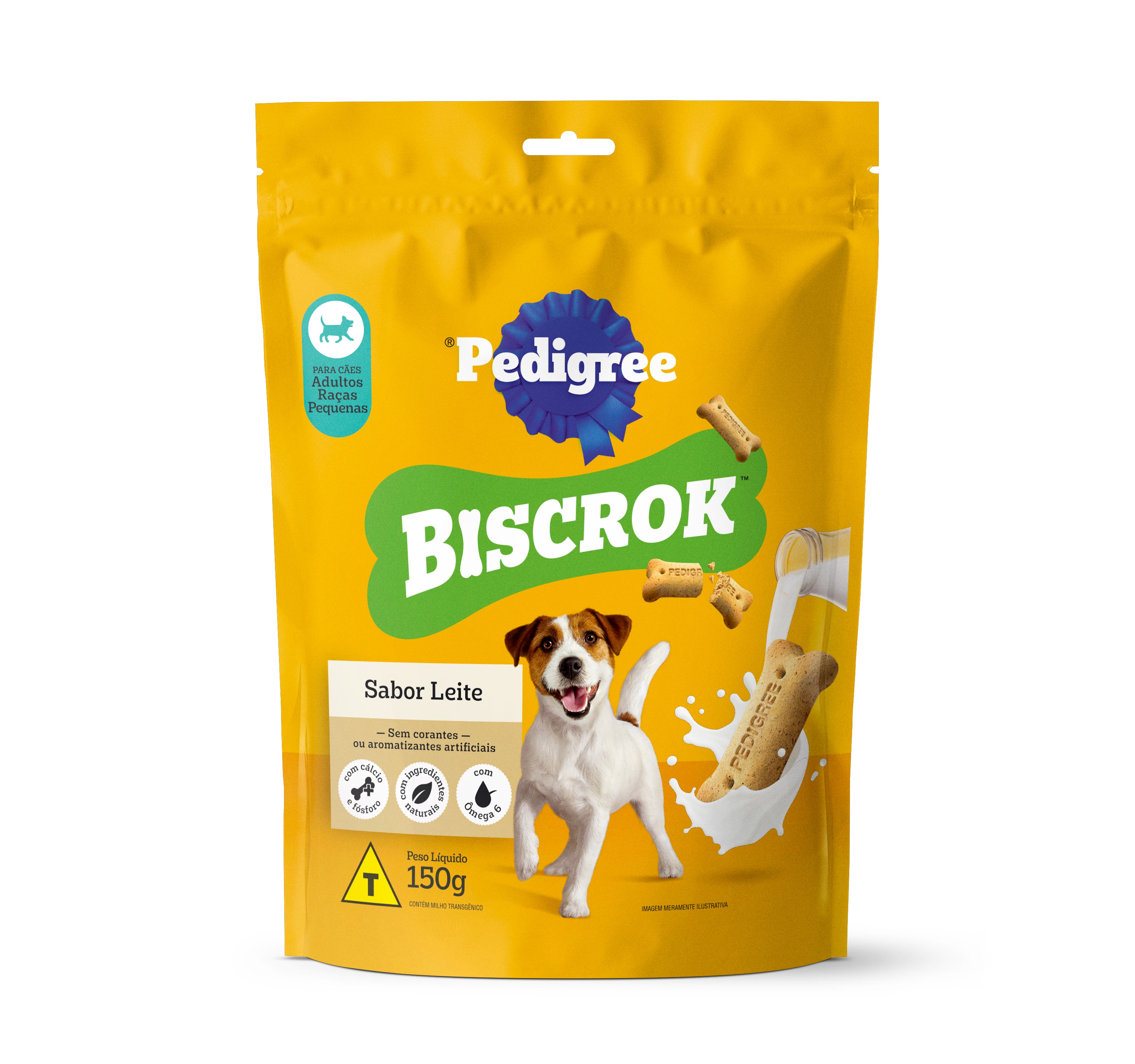 Embalagem frontal do Biscrok sabor leite 150g, com ingredientes naturais e benefícios como cálcio e fósforo para cães adultos