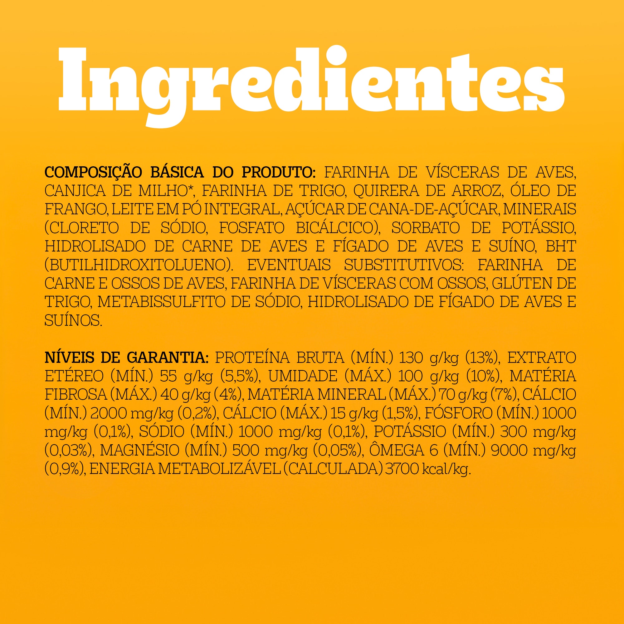 Lista completa de ingredientes do Biscrok sabor leite, com níveis de garantia e informações nutricionais essenciais