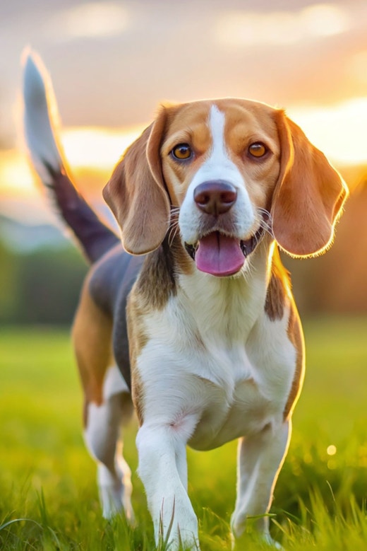 Cachorro da raça beagle com a língua para fora, andando na grama com o por do sol ao fundo