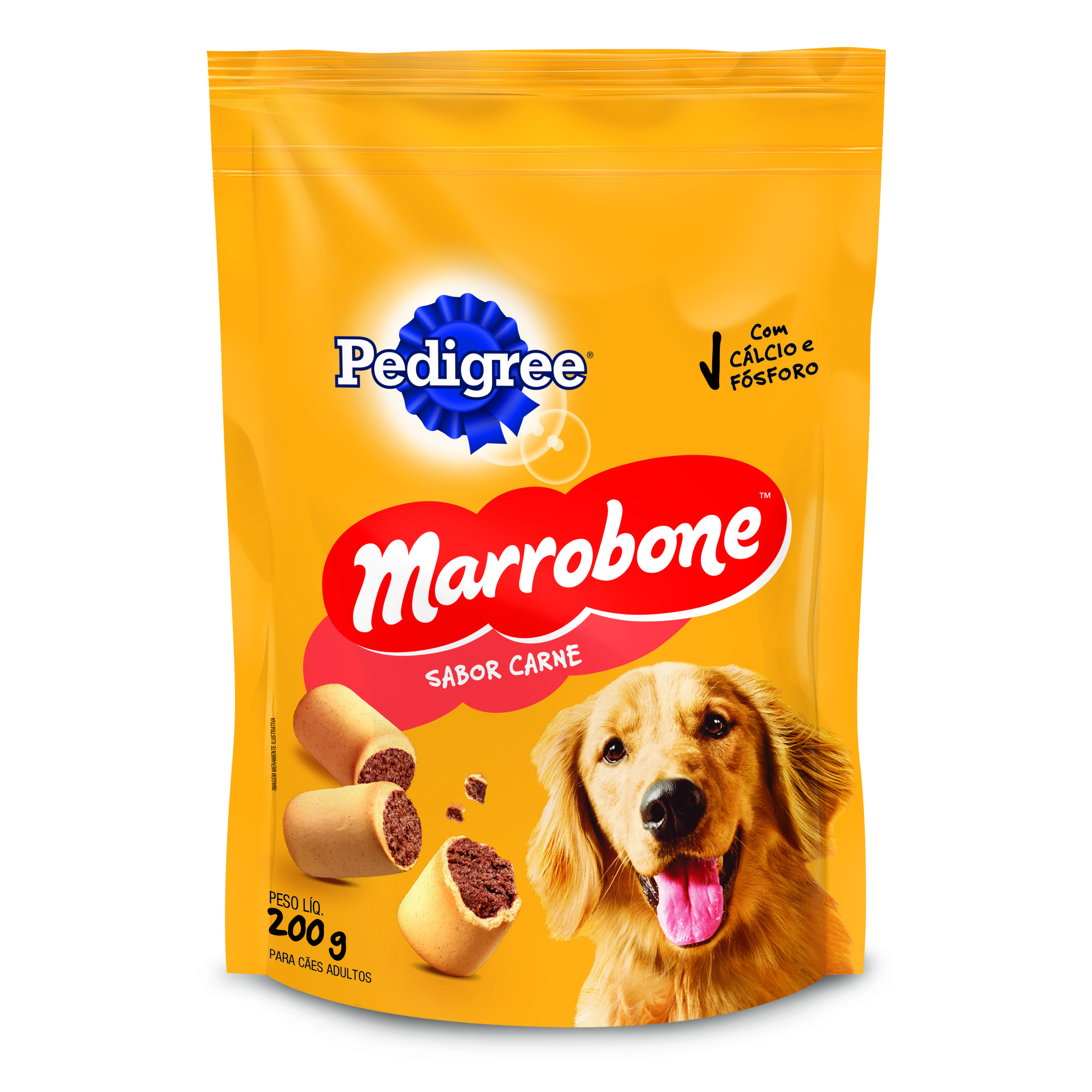 Embalagem do sachê do petisco PEDIGREE® Marrobone sabor carne, apresentando informações sobre o produto, uma imagem ilustrativa do petisco e uma foto de um cachorro da raça Golden Retriever com uma expressão feliz e amigável.