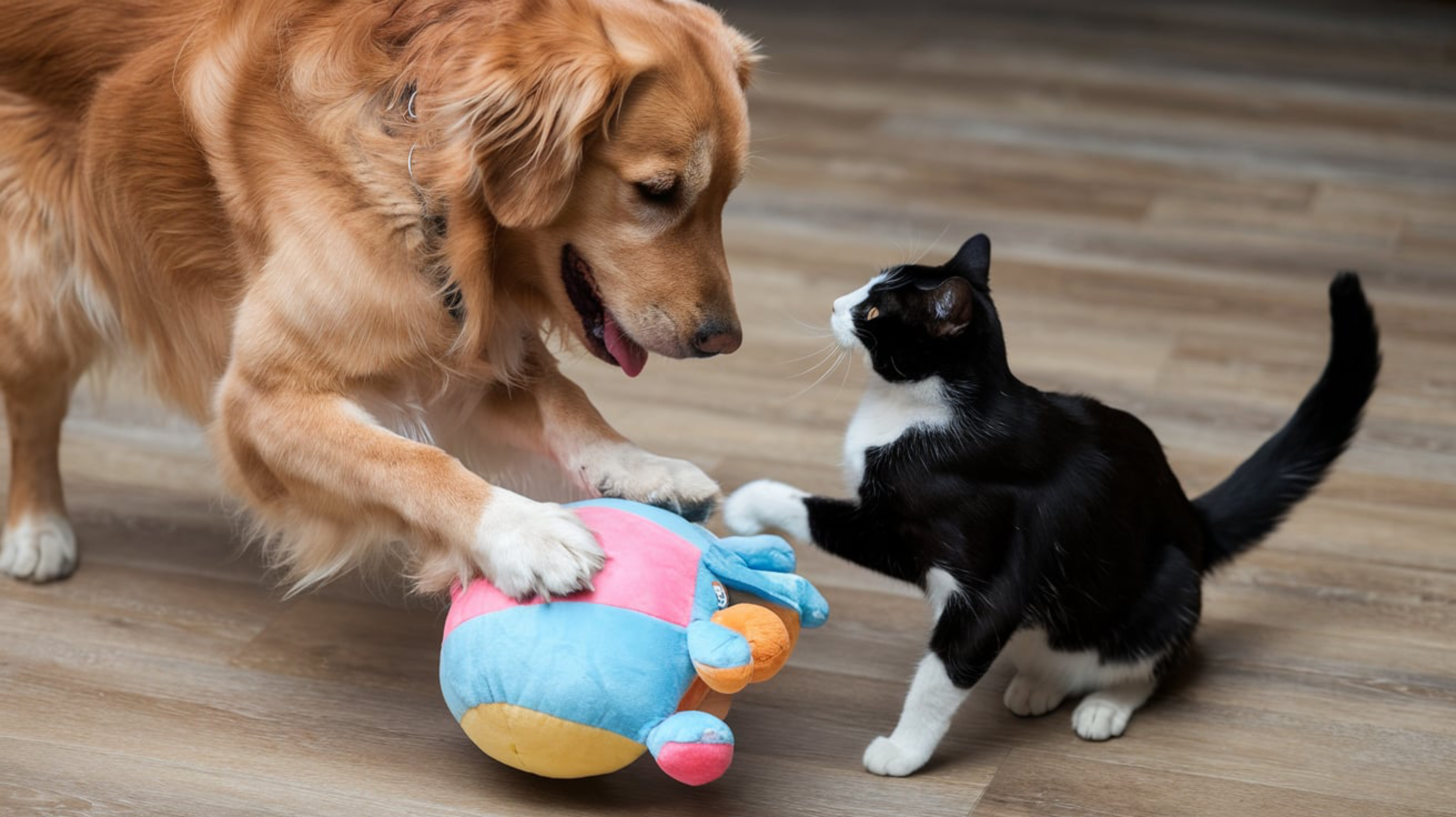 Cachorro da raça Golden Retriever brincando com um gato preto e branco enquanto segura um brinquedo colorido em um piso de madeira.