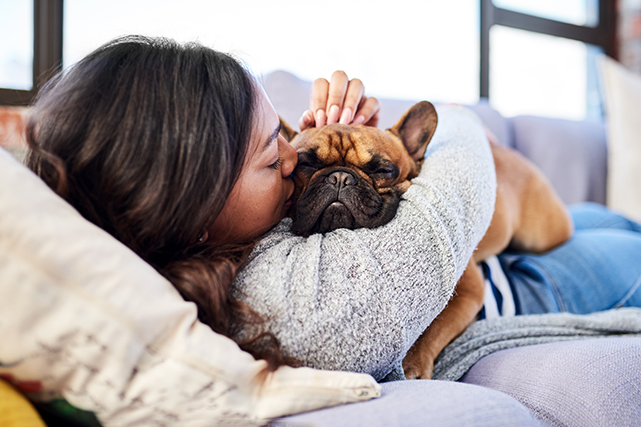 uma mulher afaga um cachorro, deitada em sofá.