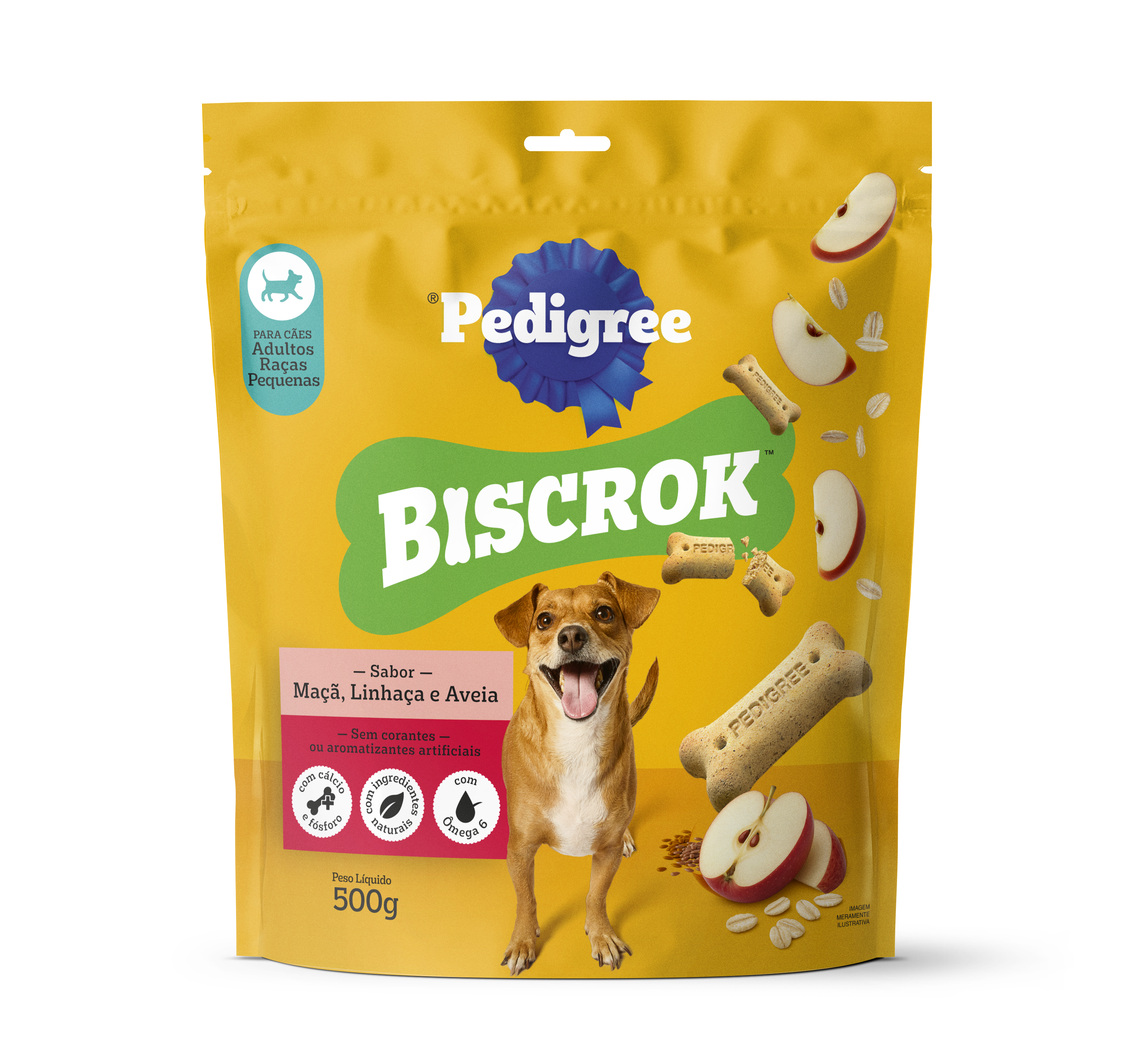 Novo Biscrok Pedigree - biscoito de maça, linhaça e aveia para cachorro.
